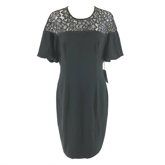Adrianna Papell Sheath Dress Flutter Sleeve Lace Panel Floral Keyhole Black 8 - Picture 1 of 5